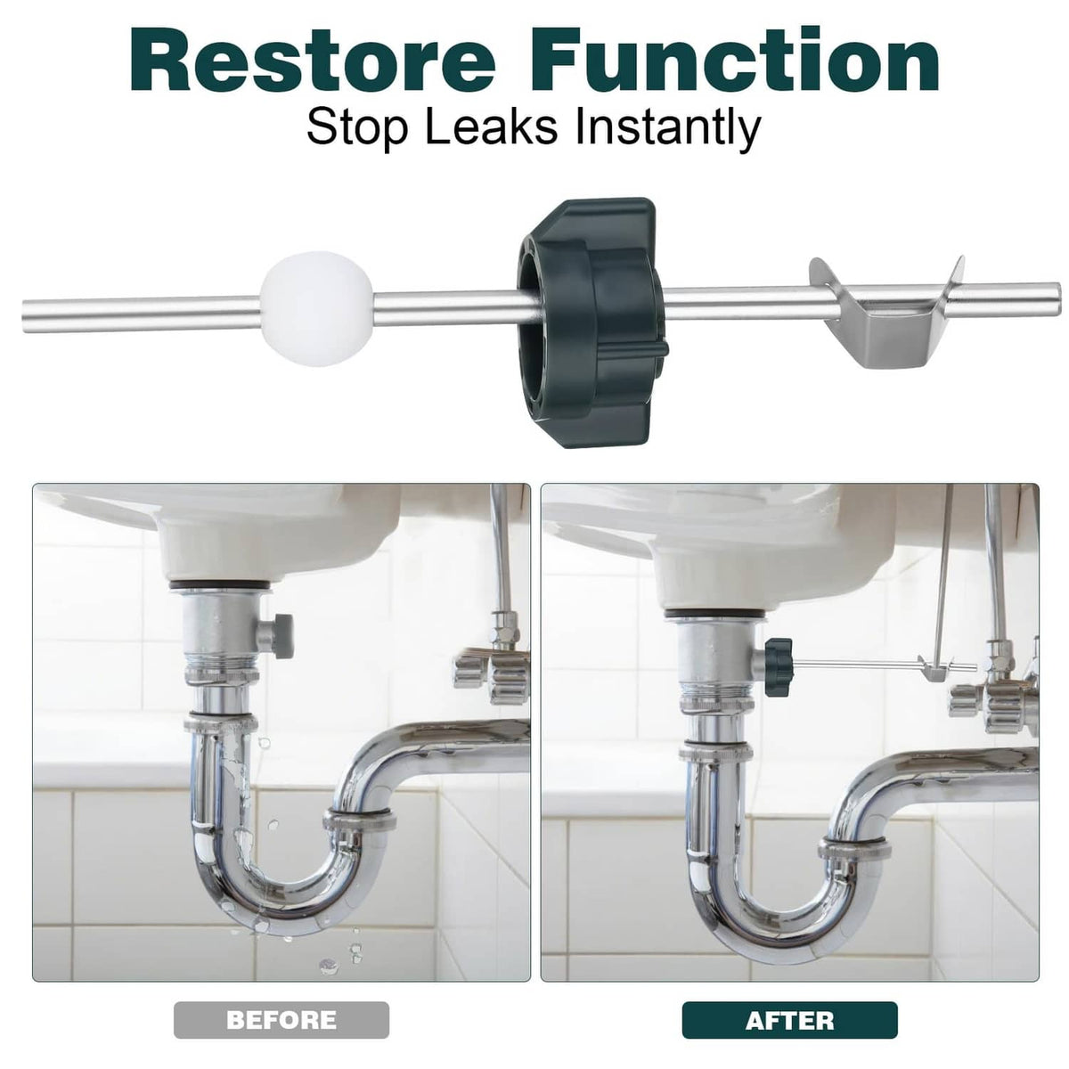 Bathroom sink pop-up stopper replacement kit with centered pivot rod, white ball, dark retainer