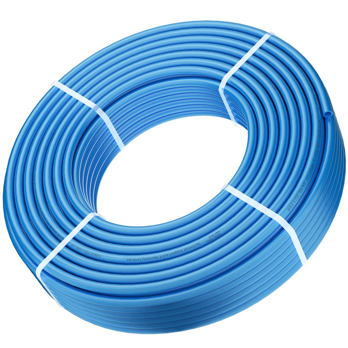 Close-up of blue PEX-B 1/2 in tubing coil with white banding