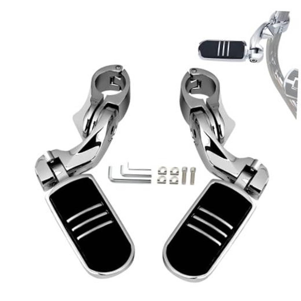 Motorcycle highway footpegs with foldable adjustable rests and black anti-slip pads, pair