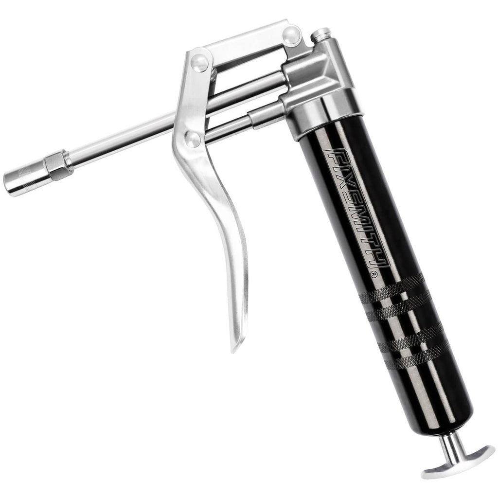 Mini pistol-grip grease gun with silver lever and black barrel