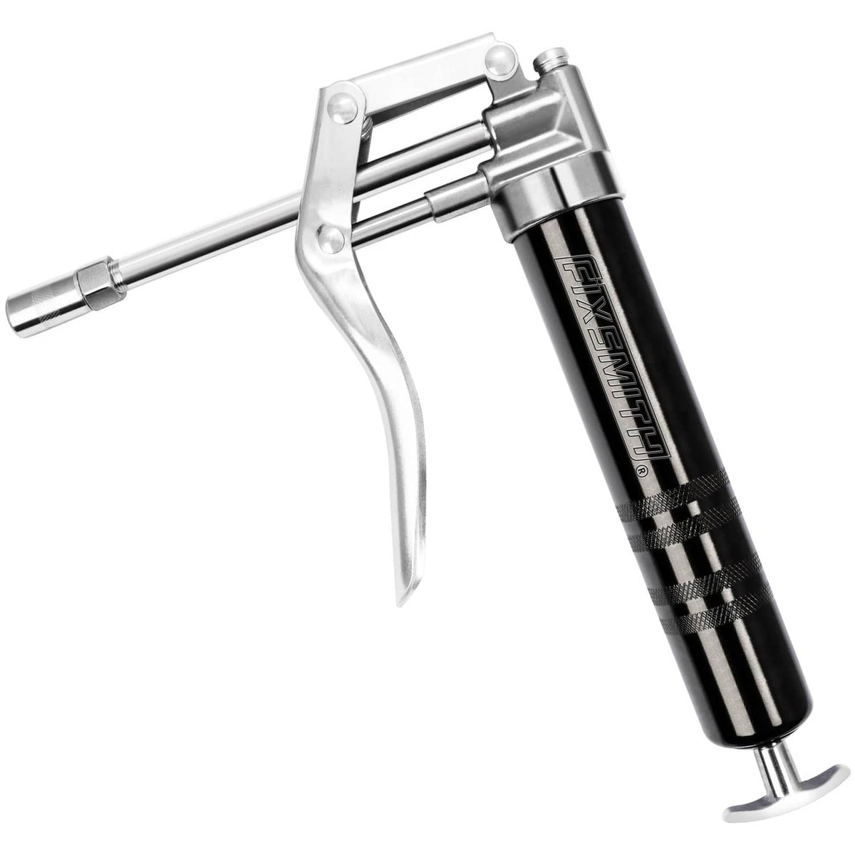 Mini pistol-grip grease gun with silver lever and black barrel