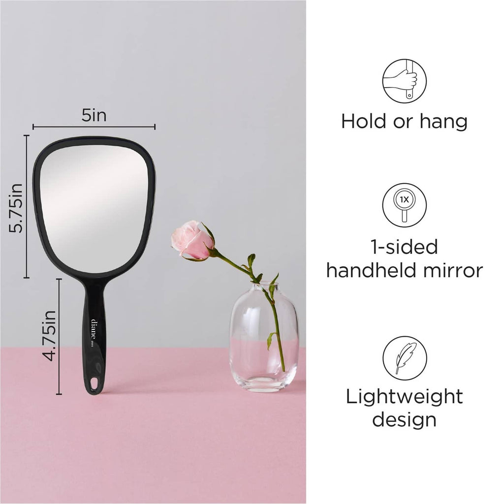 Black single-sided handheld magnifying mirror with slim handle and oval frame