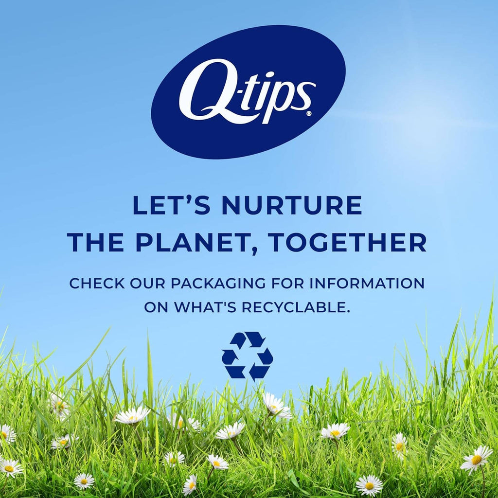 Cotton swabs box with Q-tips logo and recyclable packaging message