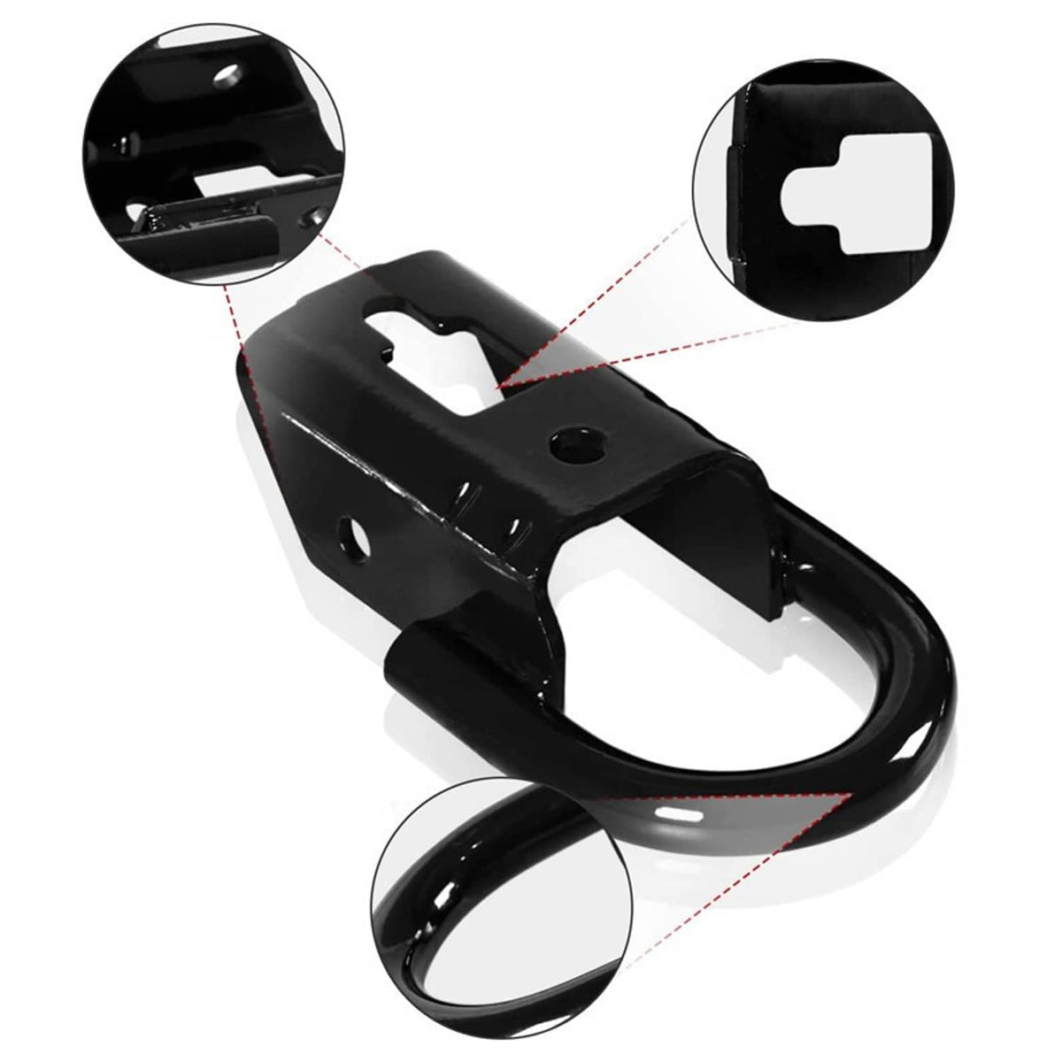 Black tow hook bracket with open loop and mounting tabs, front view