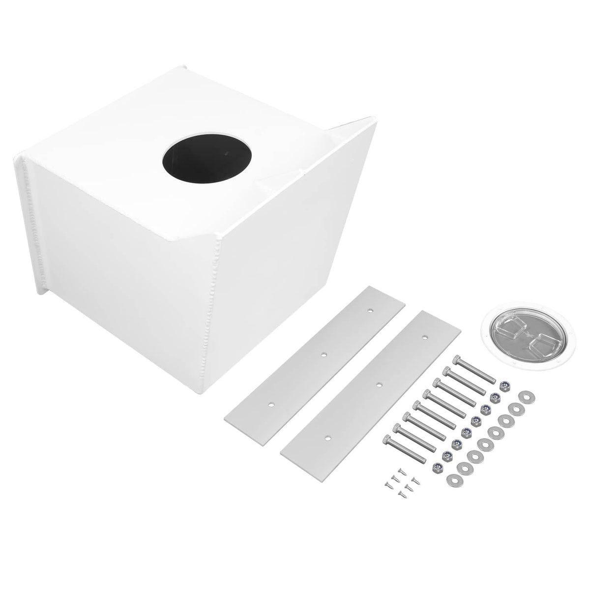 White outboard engine bracket with two mounting rails and included hardware pieces.