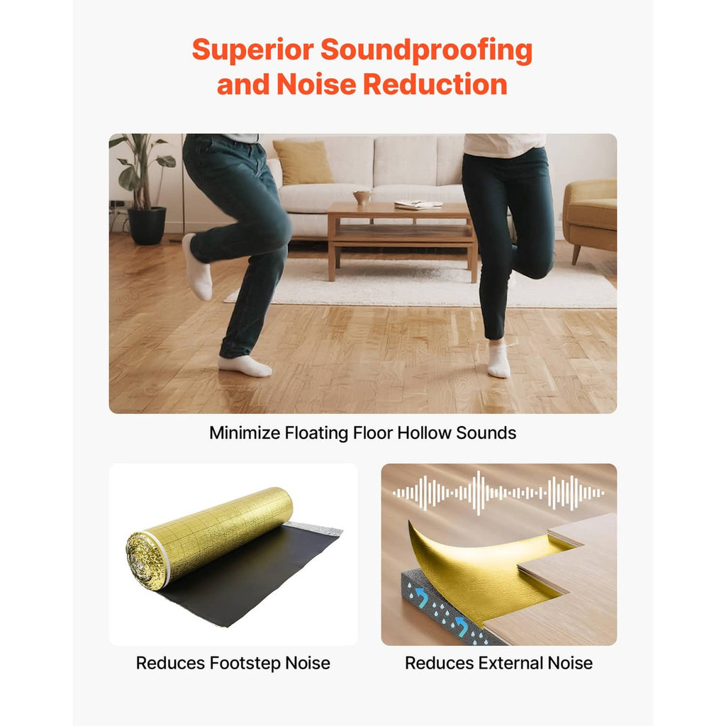 Gold floor underlayment roll on wood flooring to reduce noise and hollow sounds