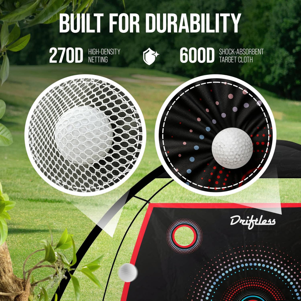 Golf practice net target panel with ball-impact pattern and close-up net mesh