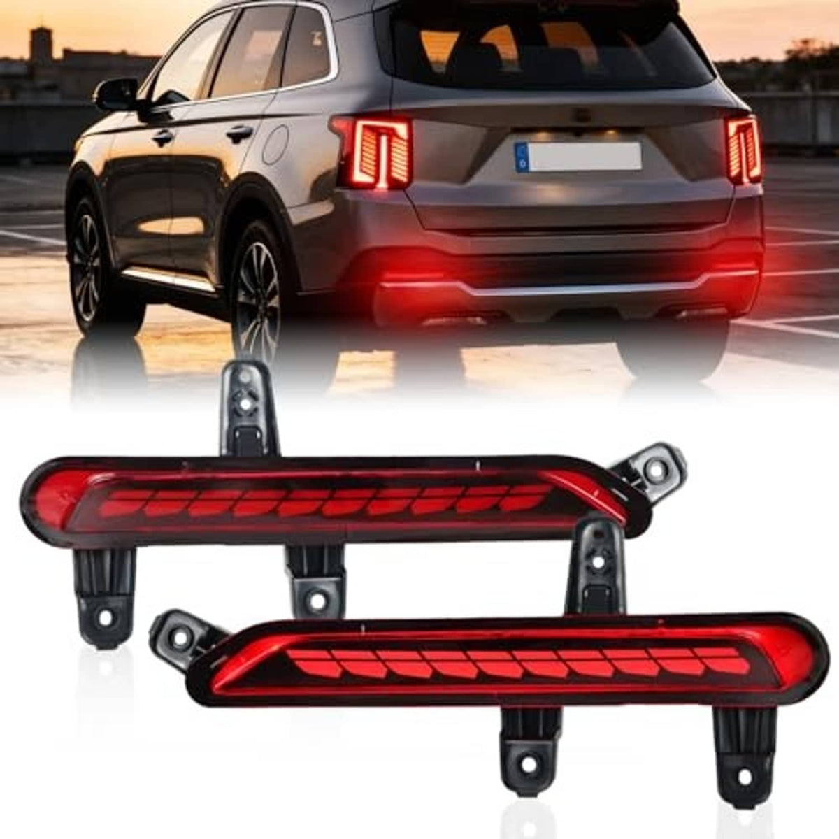 Red LED rear bumper reflector lights mounted on rear bumper with brackets.