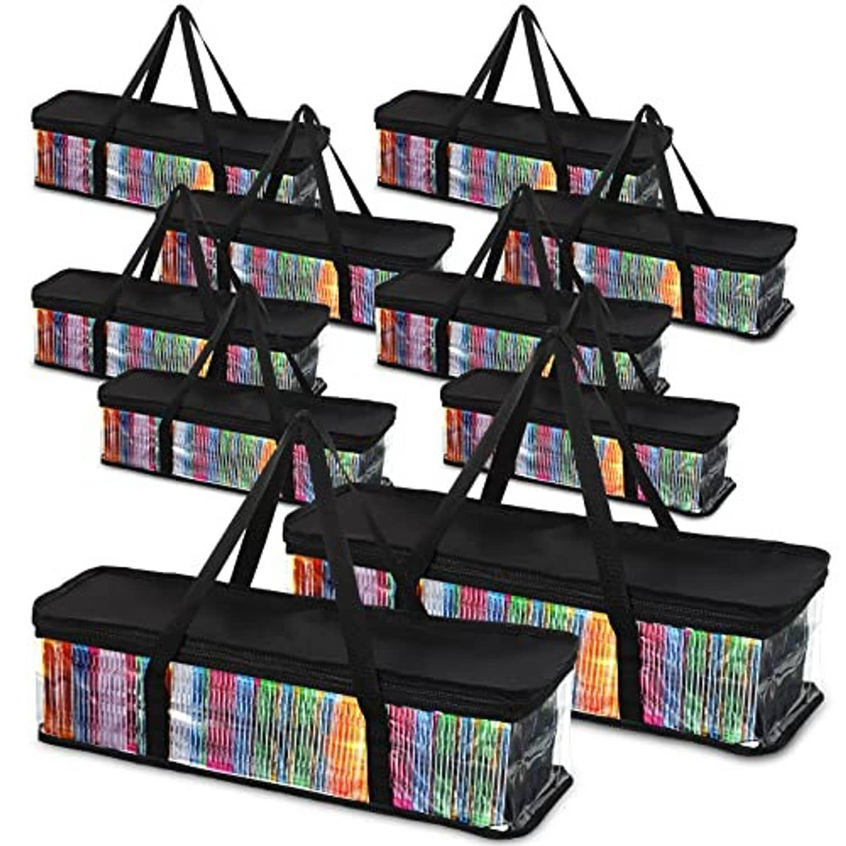 Black CD storage bags, clear PVC front windows, rainbow-striped sides, carry handles