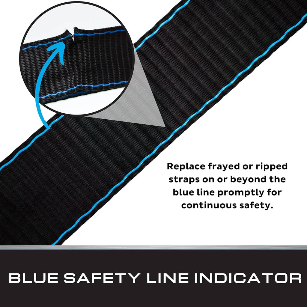 Black strap with blue safety line indicator stitching detail for replacement-ready webbing