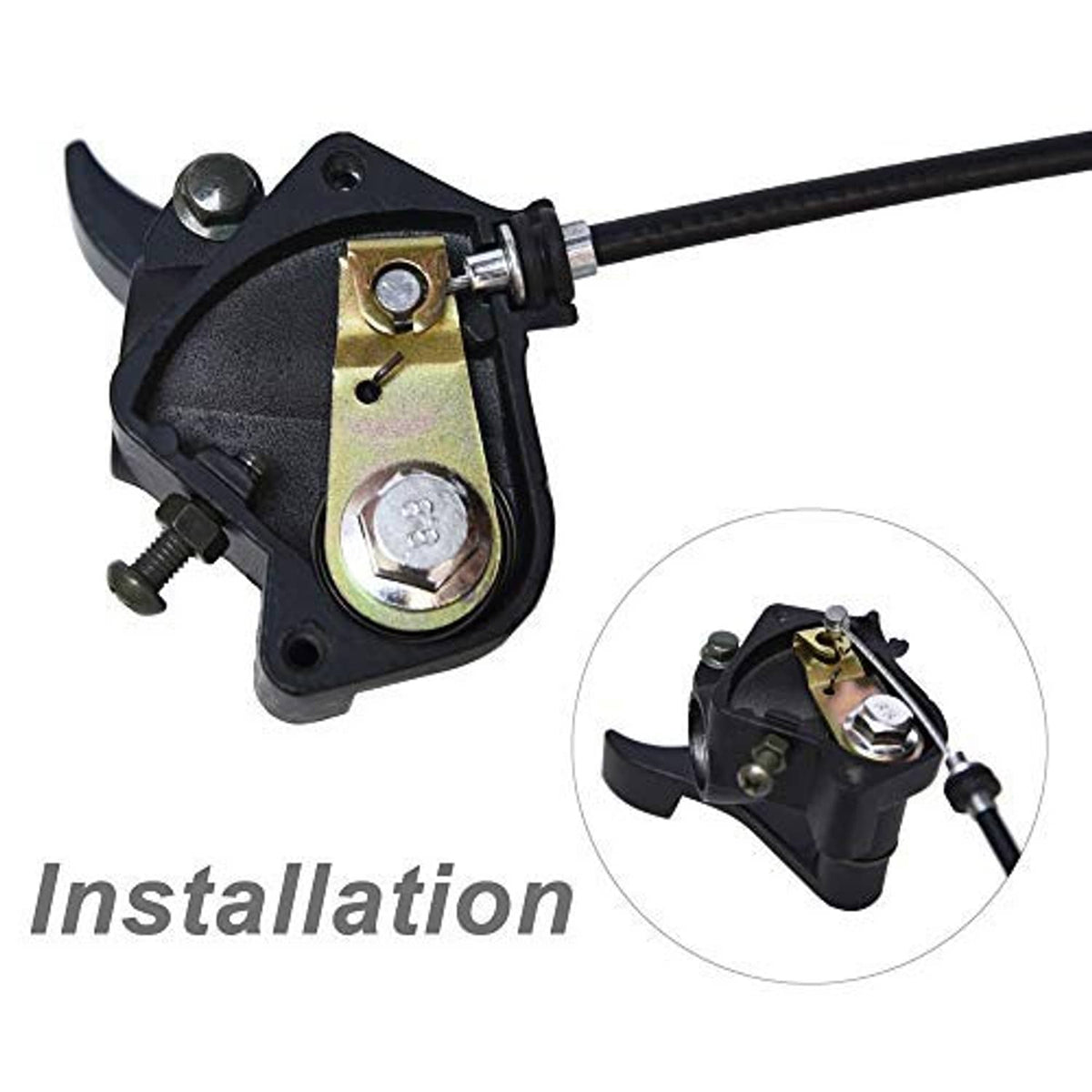 Throttle handle assembly close-up with mounting base and cable connection hardware