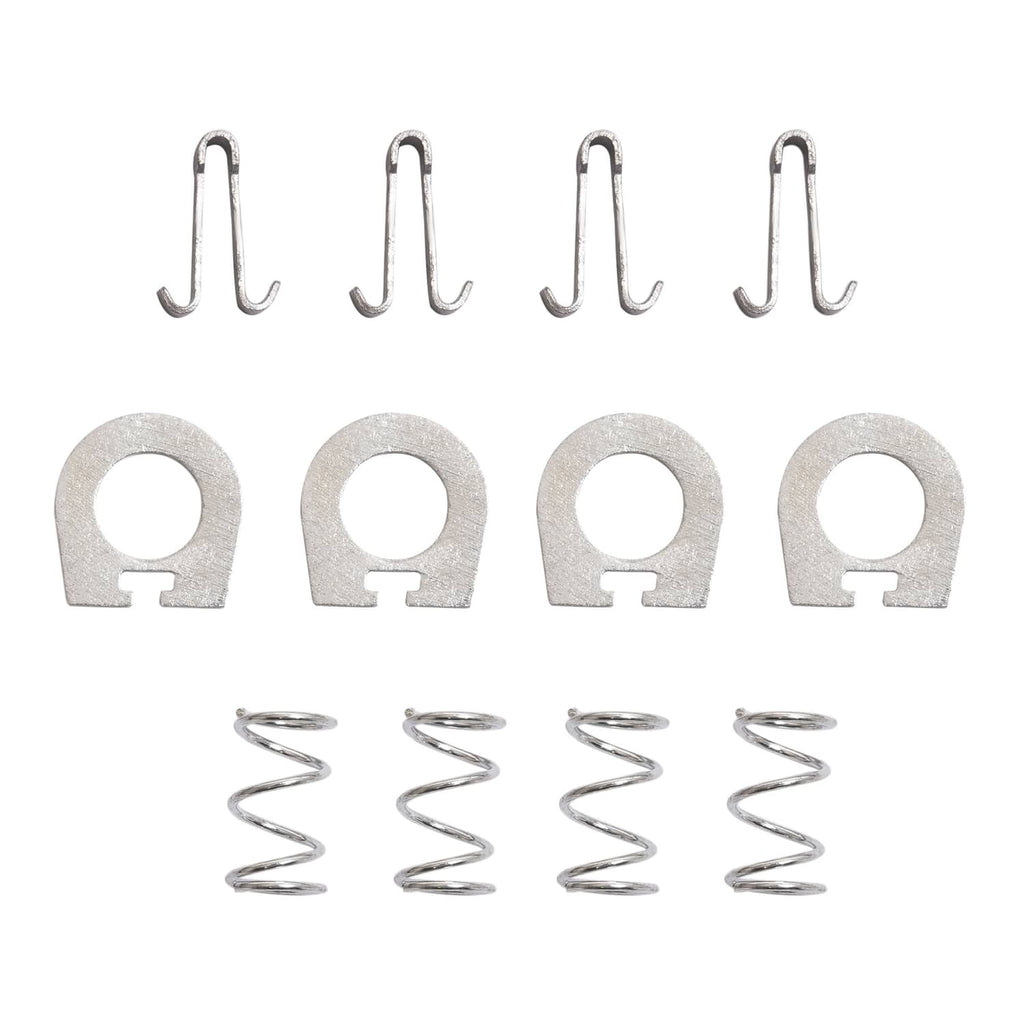 Metal mounting hardware set with hooks, U-clips, and coil springs