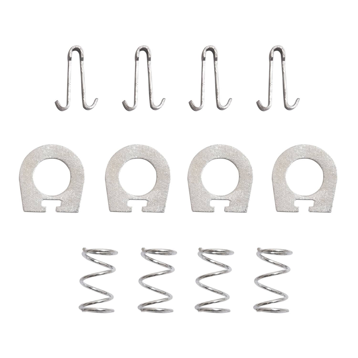 Metal mounting hardware set with hooks, U-clips, and coil springs