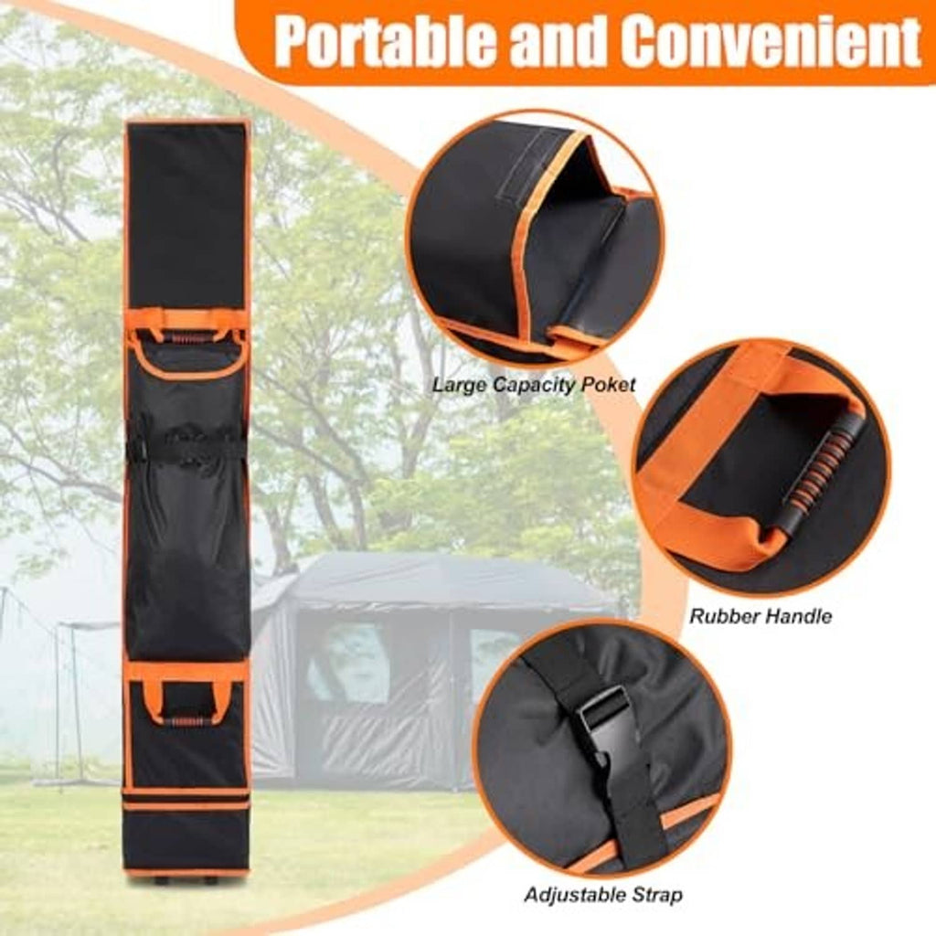 Black wheeled storage bag with orange trim, large front pocket, rubber handle, adjustable strap.