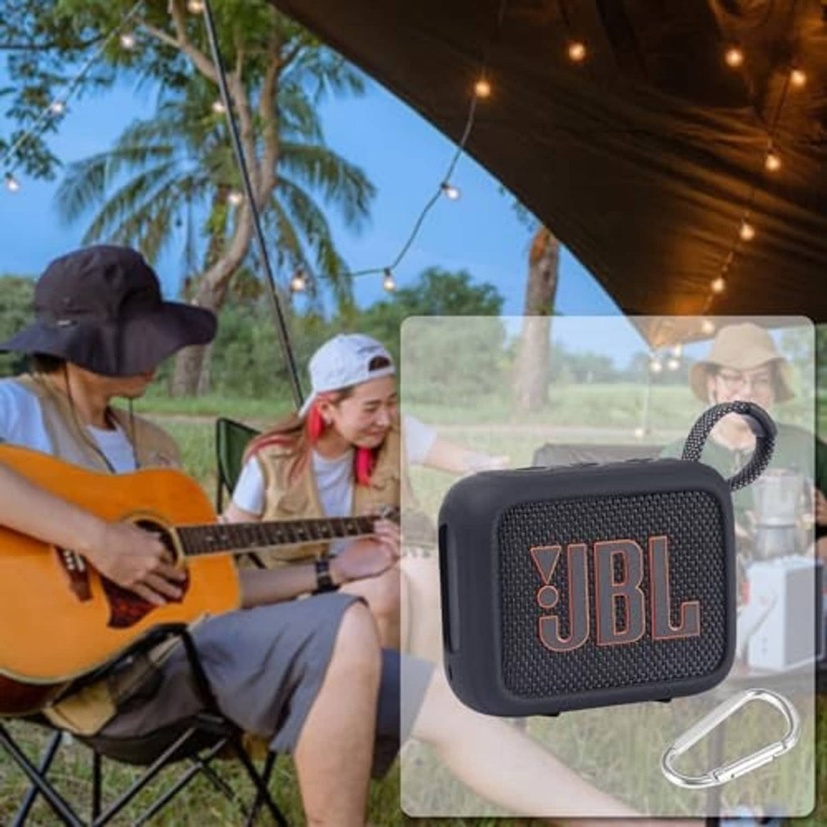 Black silicone speaker case with JBL logo, hanging loop, and carabiner clip