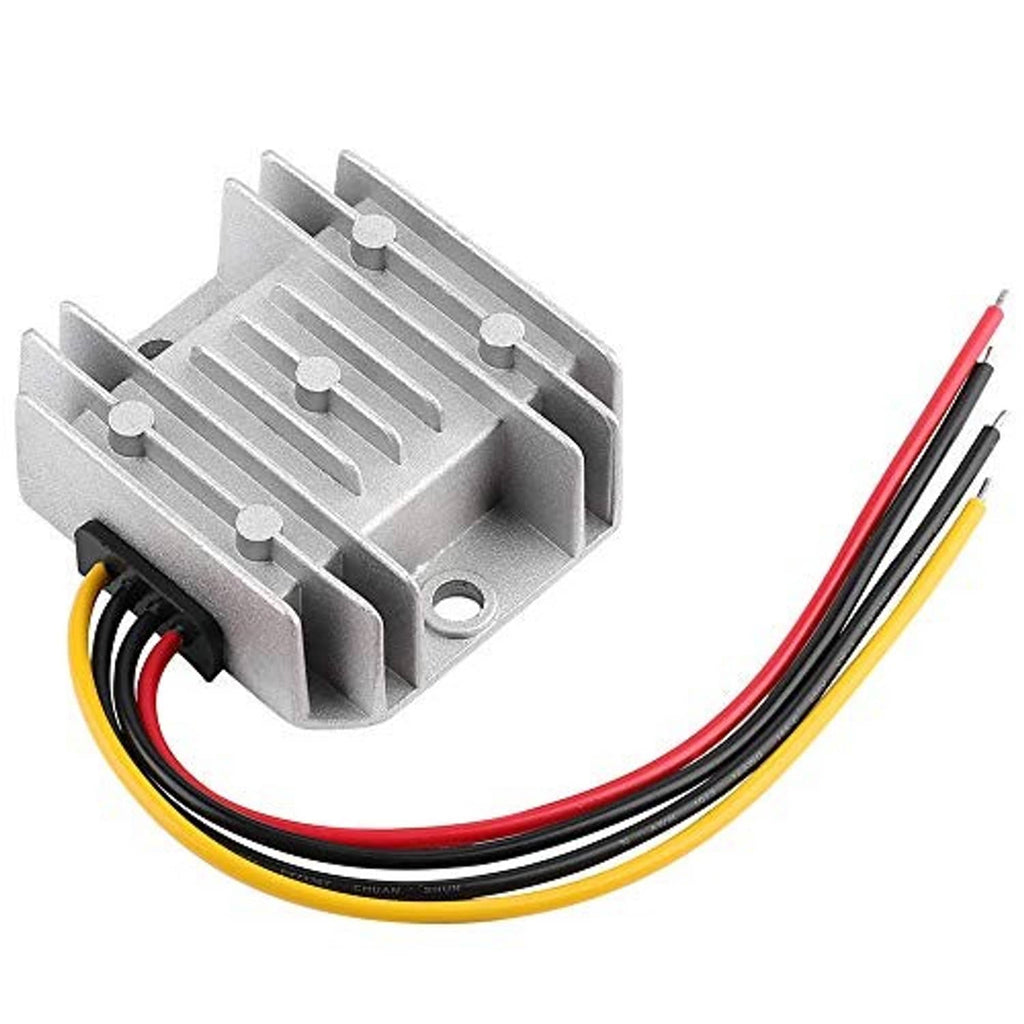 DC buck-boost voltage regulator module with finned heatsink and colored input wires