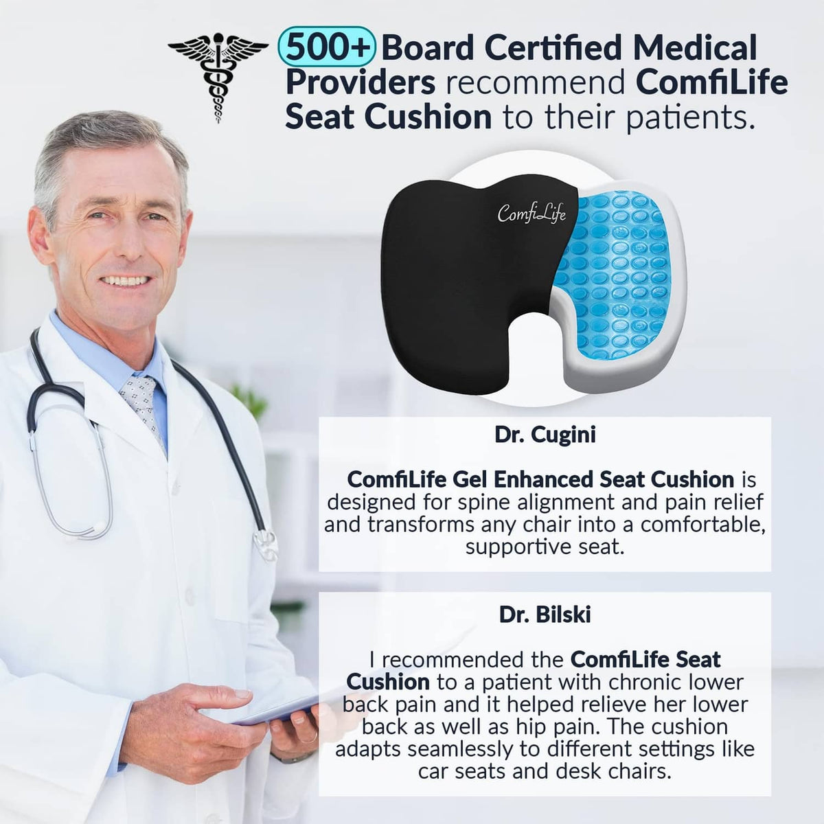 Black contoured seat cushion with blue gel surface on white foam backing