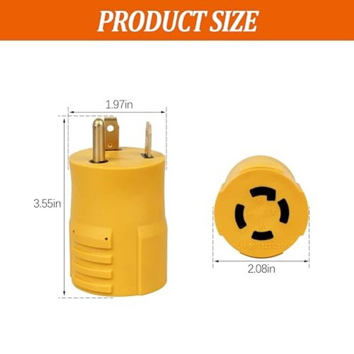 Yellow TT-30P to L14-30R RV power adapter, about 3.55 in tall