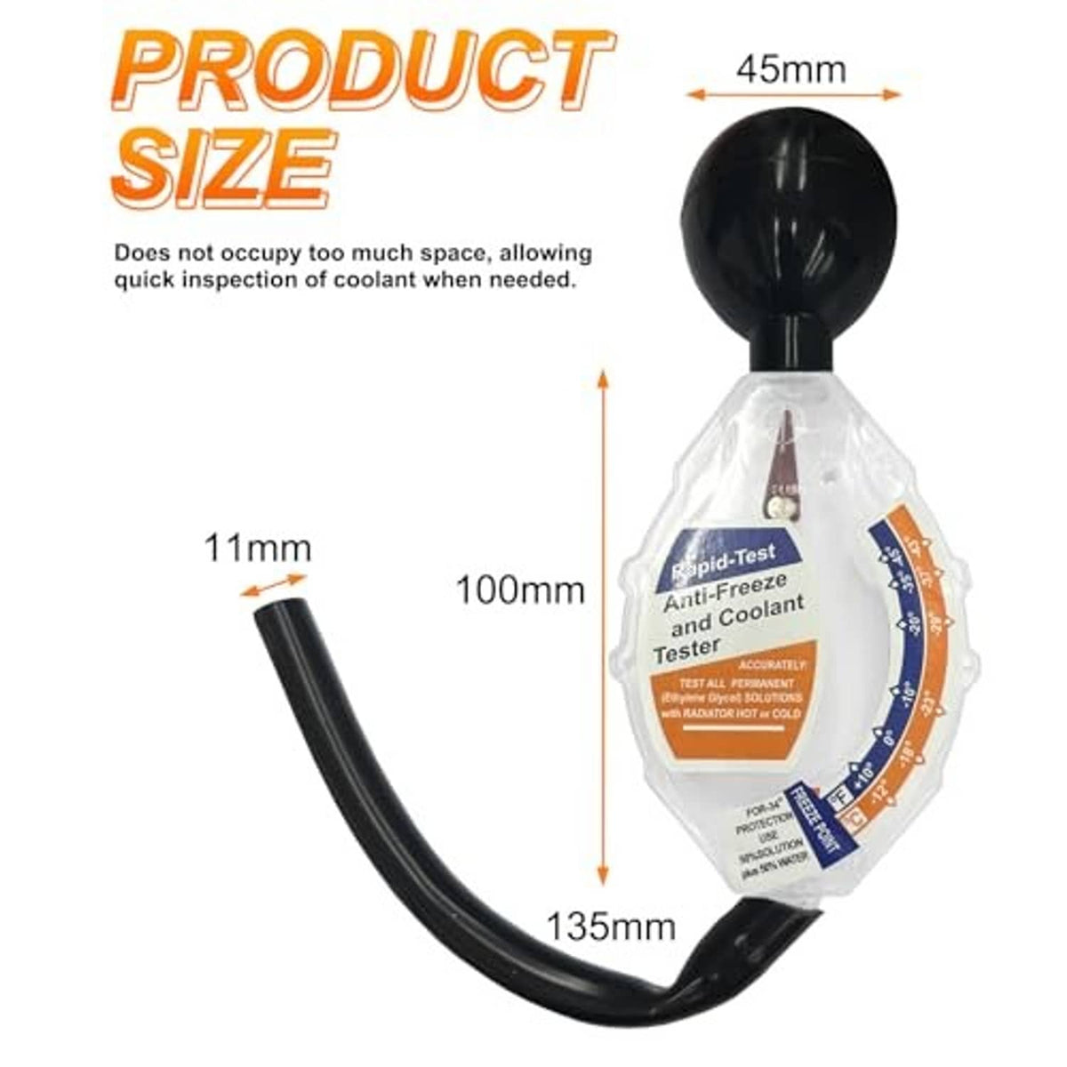 Antifreeze coolant tester with bulb handle and clear dial, shown with size dimensions