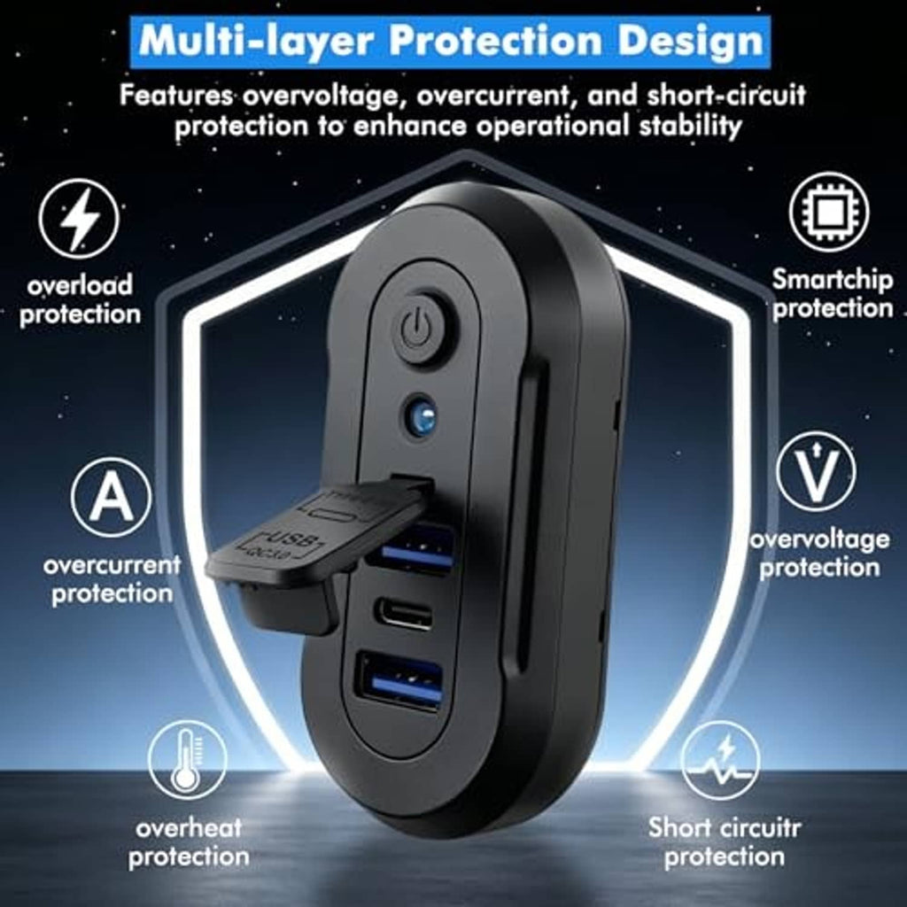 Black USB outlet panel with power switch and protection design, USB-C and dual USB ports