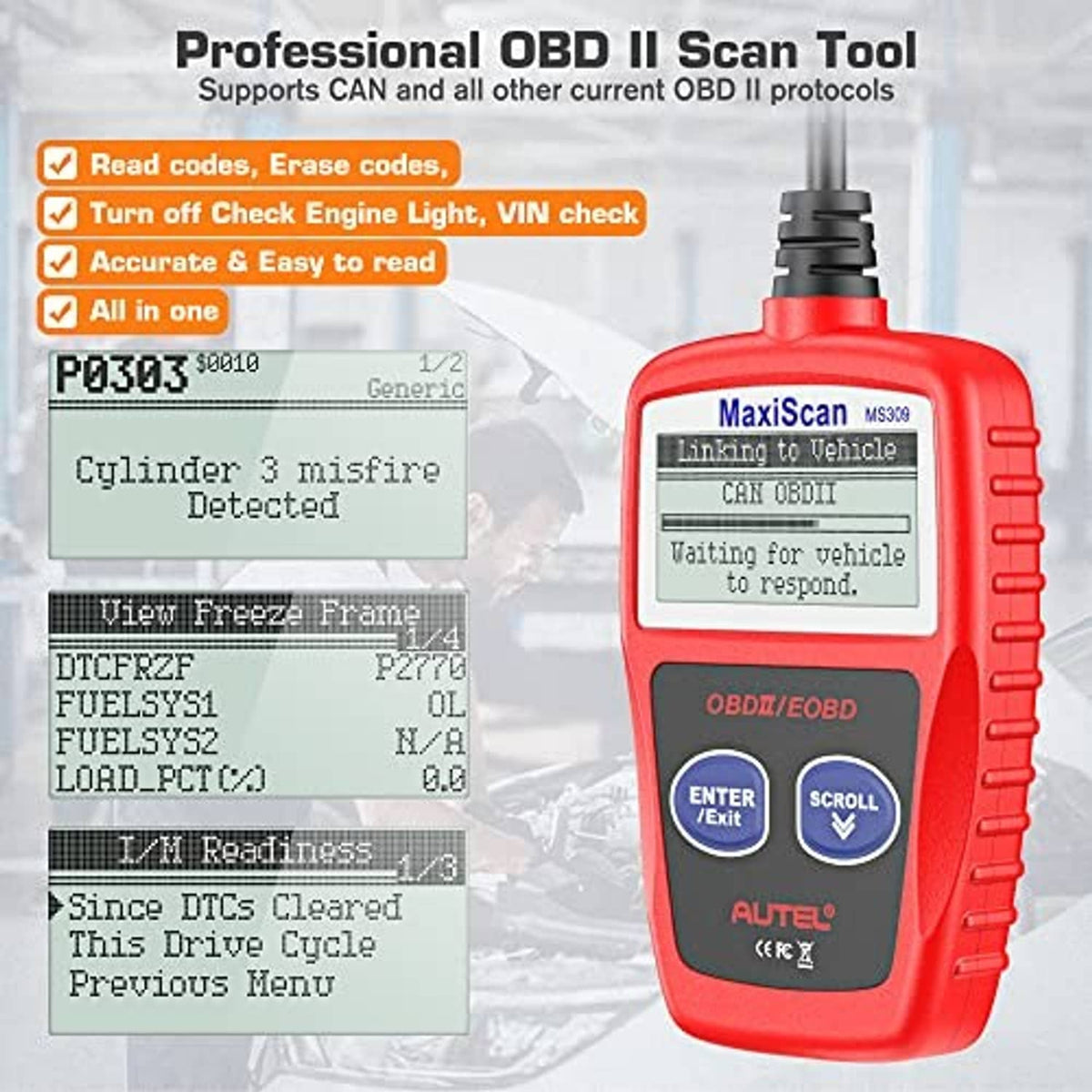 Red OBD2 diagnostic scanner showing “Linking to Vehicle” on LCD, with Enter and Scroll