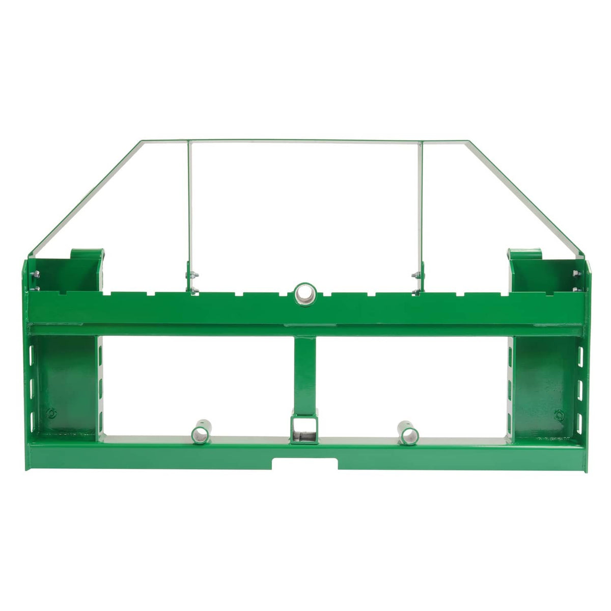 Green pallet fork frame front view with fork pockets and center pin connection