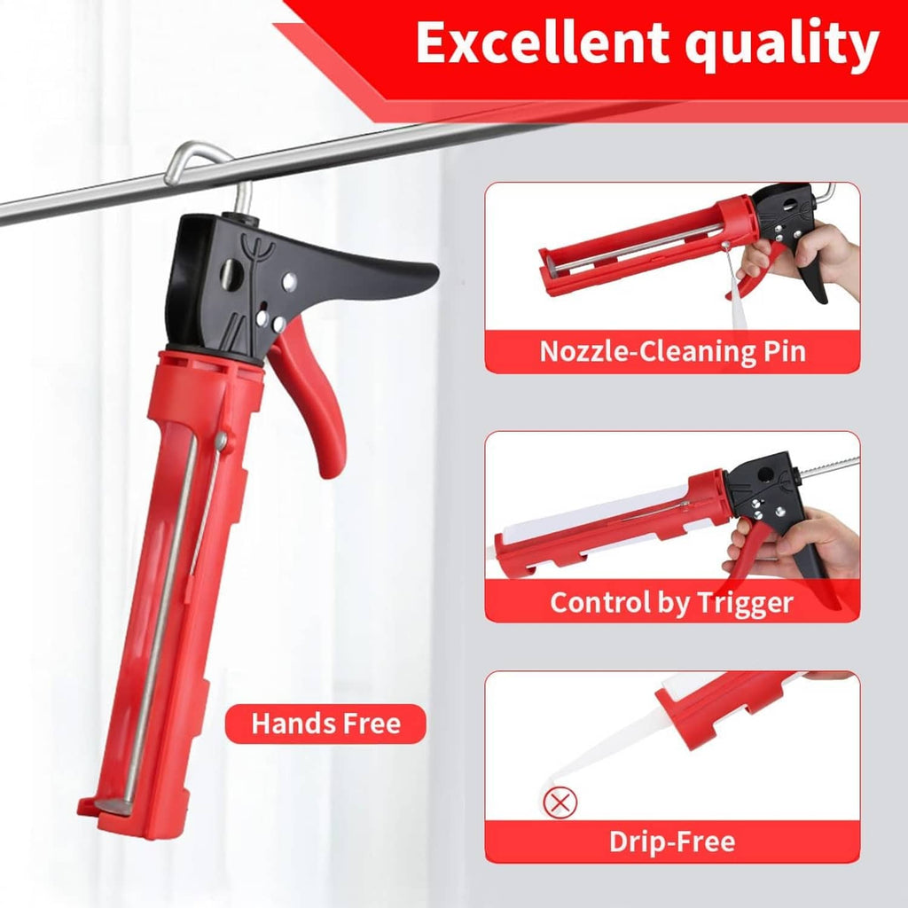 Red caulk gun with trigger control and nozzle-cleaning pin accessory