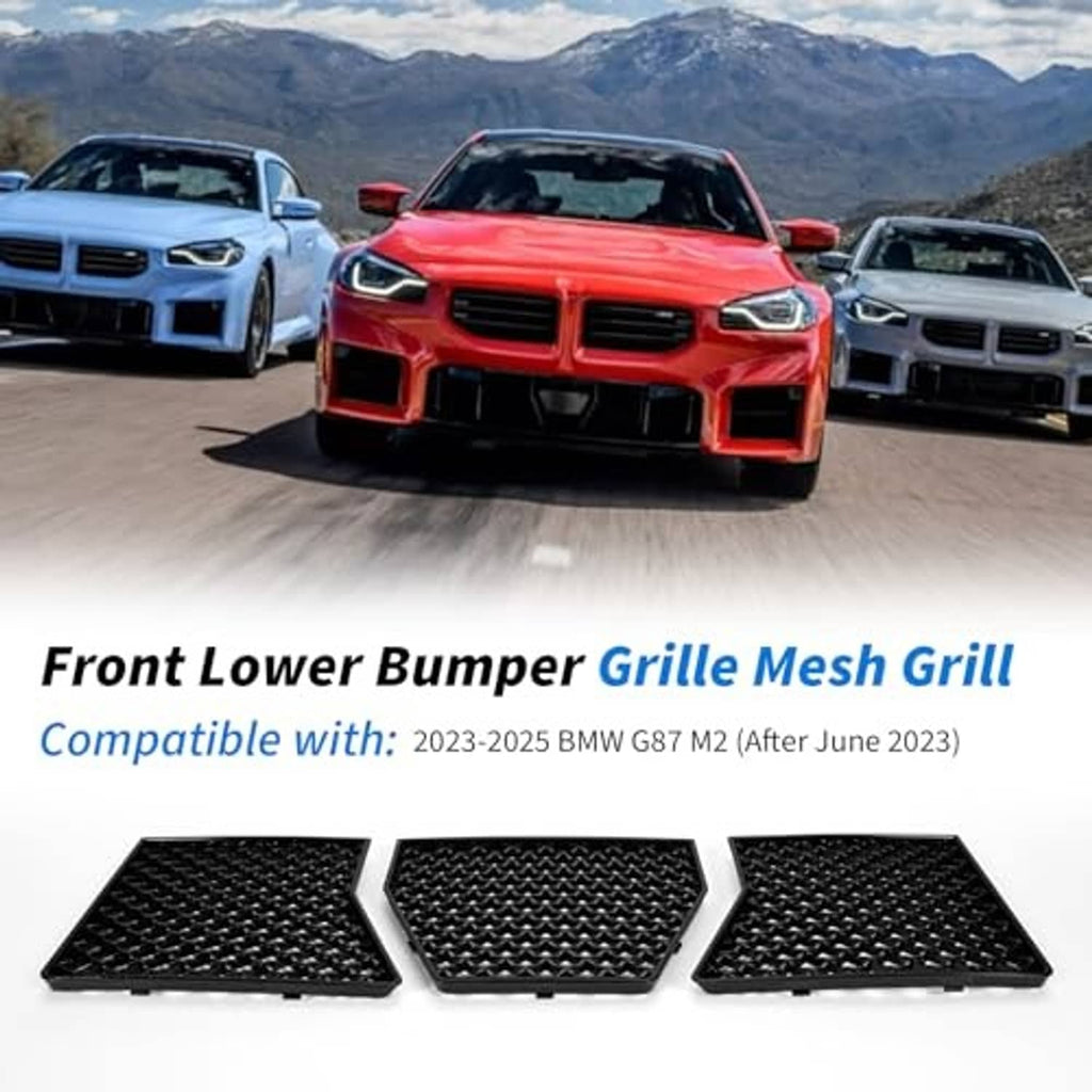 Front lower bumper grille mesh inserts, three black diamond-mesh panels