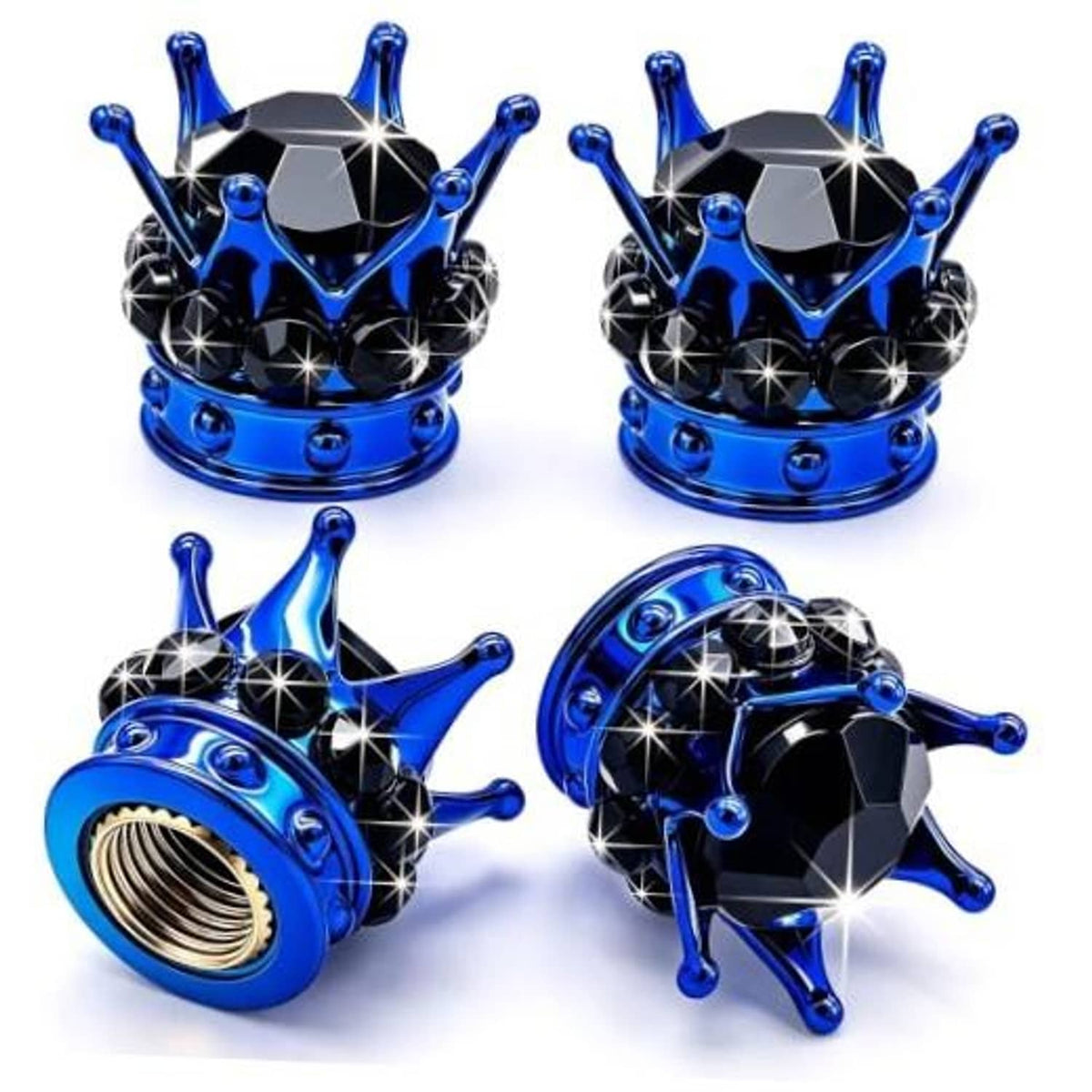 Four blue crown tire valve stem caps with black faceted crystals and jeweled prongs