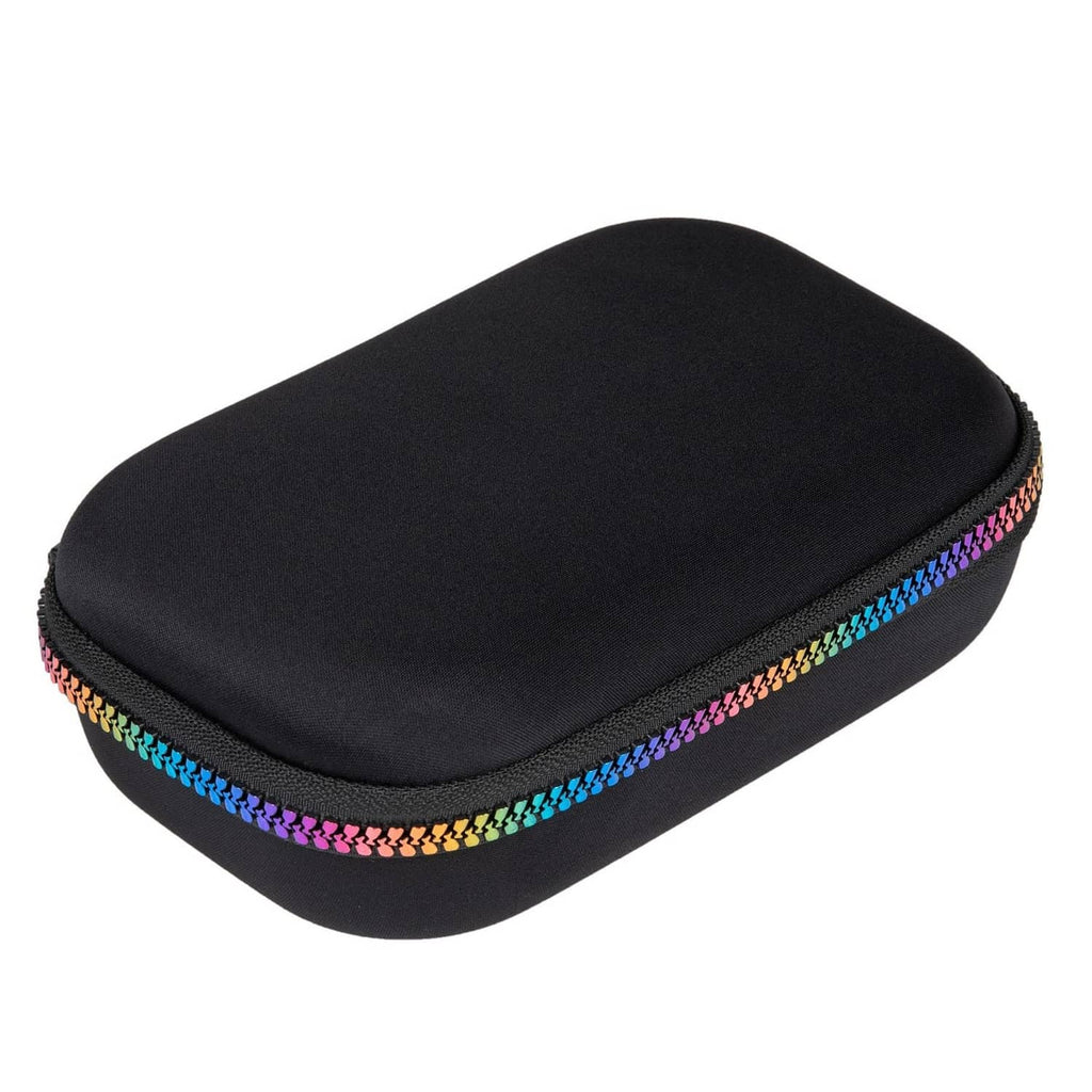 Black pencil box with rainbow-trim zipper edge and rounded molded shape.