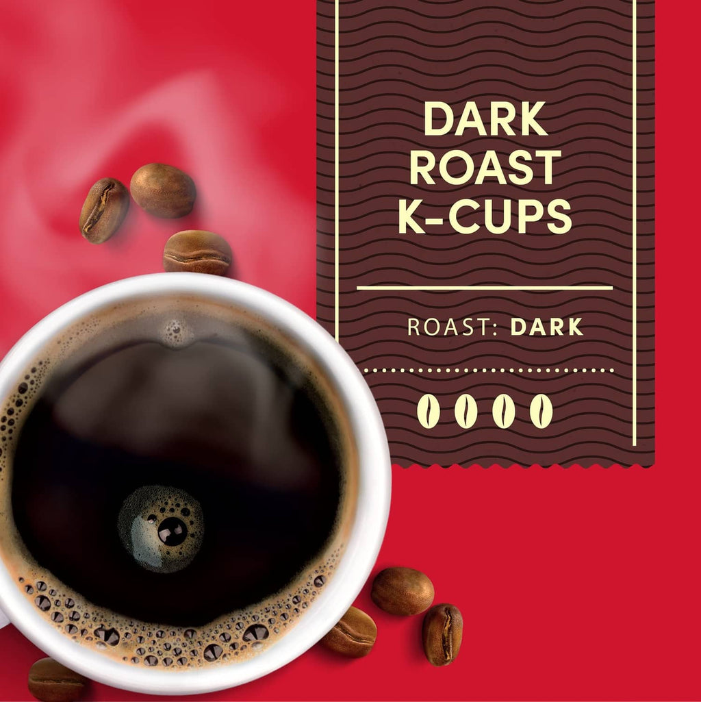 Dark roast K-cup box with espresso cup of dark coffee and scattered coffee beans