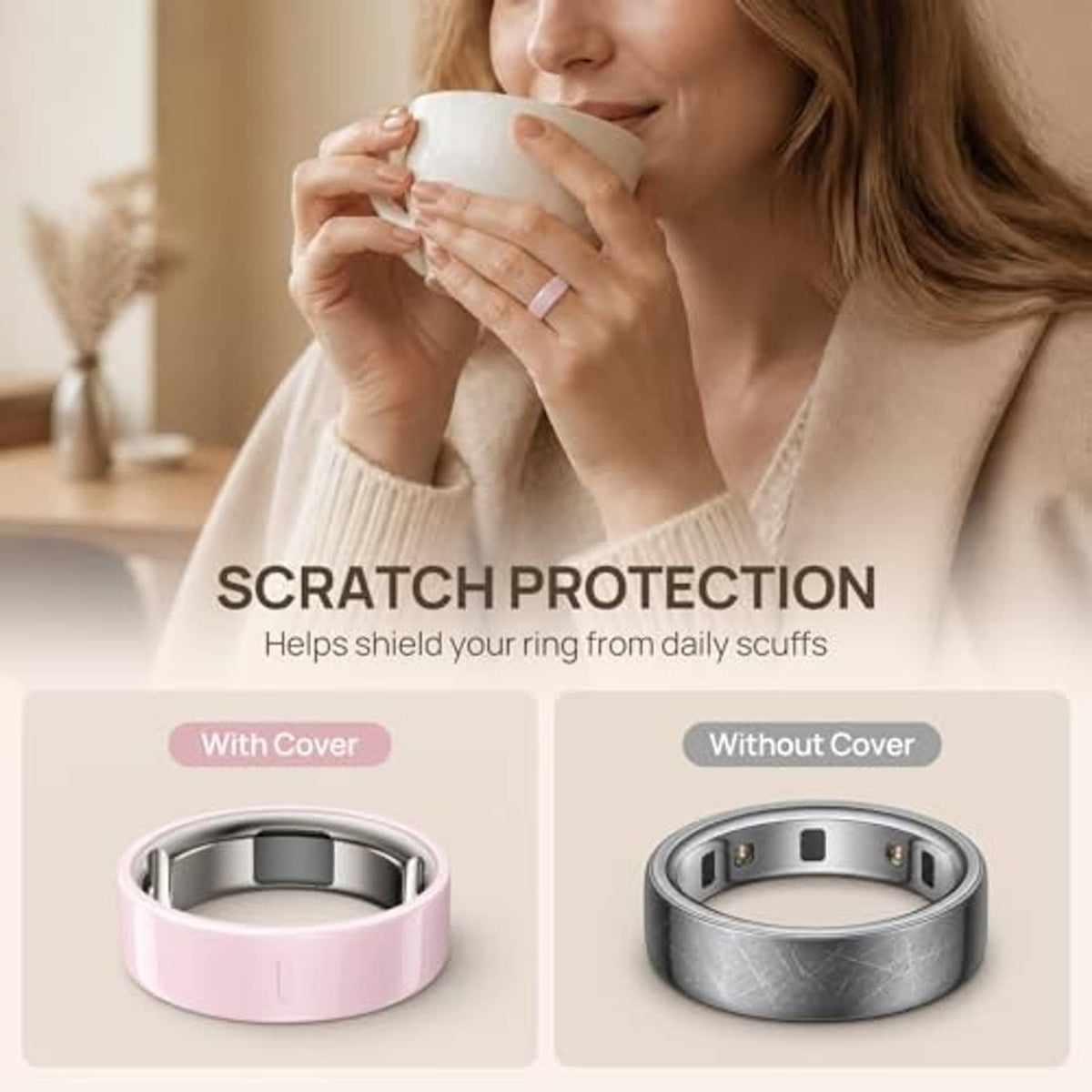 Smart ring covers for protection: pink and dark gray with front and underside views
