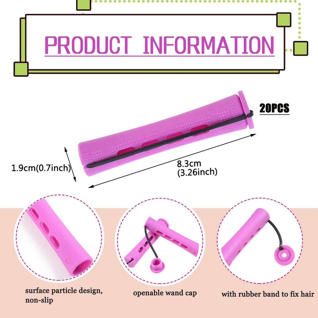 Purple perm rod set with open wand caps and rubber band, shown with size labels