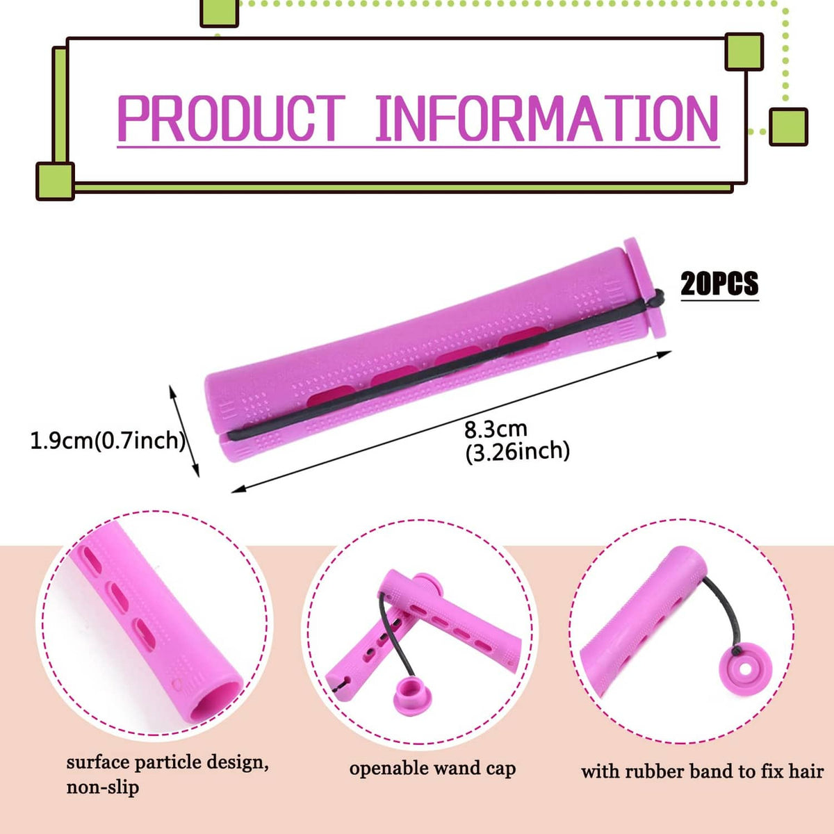 Purple perm rod set with open wand caps and rubber band, shown with size labels