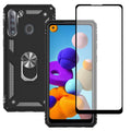Rugged black phone case with metal ring kickstand and cutouts for Galaxy A21