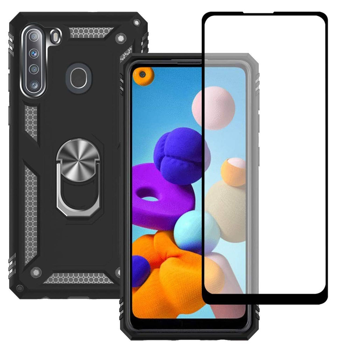 Rugged black phone case with metal ring kickstand and cutouts for Galaxy A21