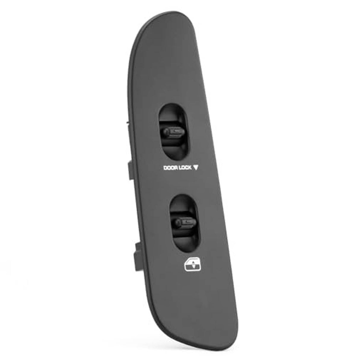 Narrow side view of dark gray power window and door lock switch panel with buttons