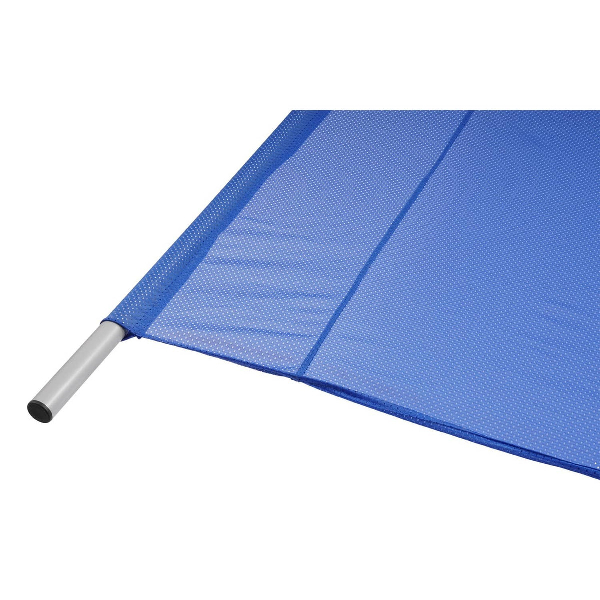 Blue mesh boat sun shade with silver support poles, triangular corner view