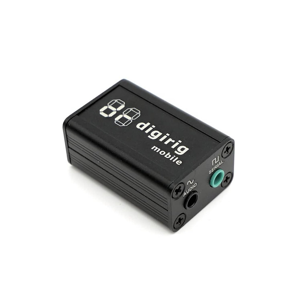 Black Digirig mobile digital modes interface box with LED display and control knobs