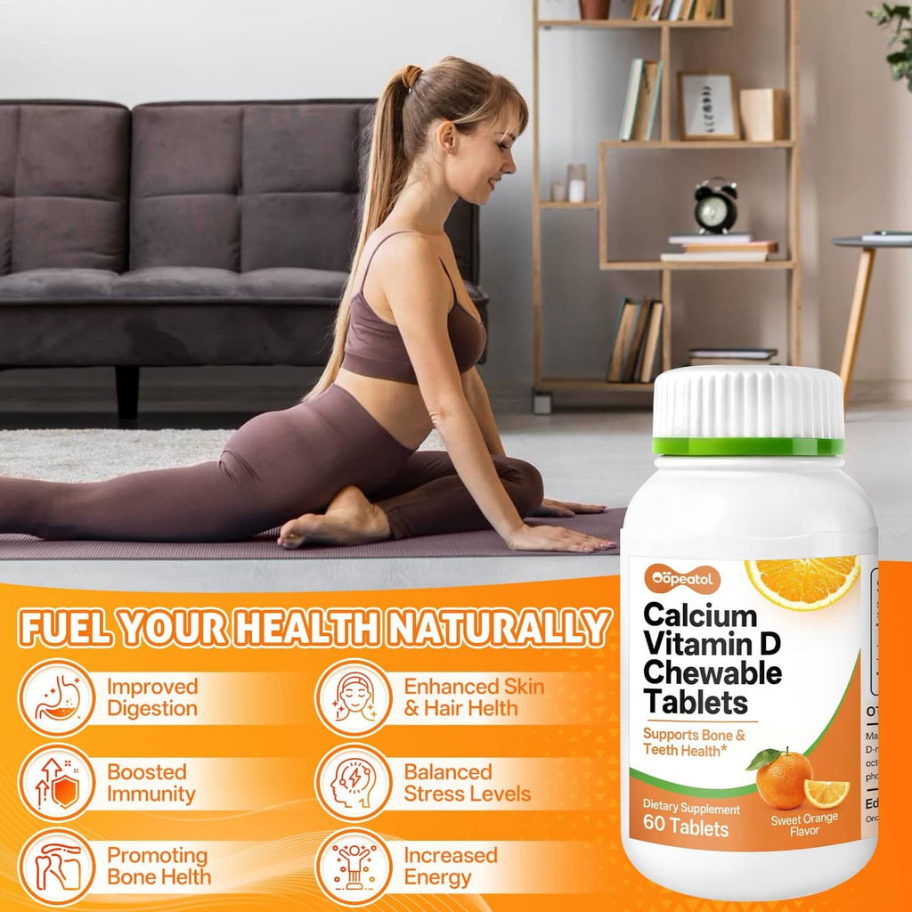 Calcium Vitamin D chewable tablets bottle with orange feature icons and 60 tablets