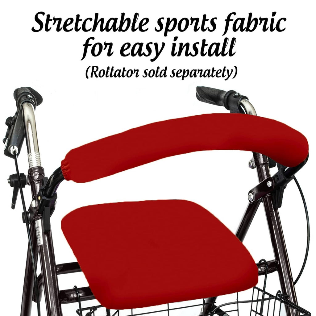 Stretchable red rollator seat and backrest covers with curved top cushion