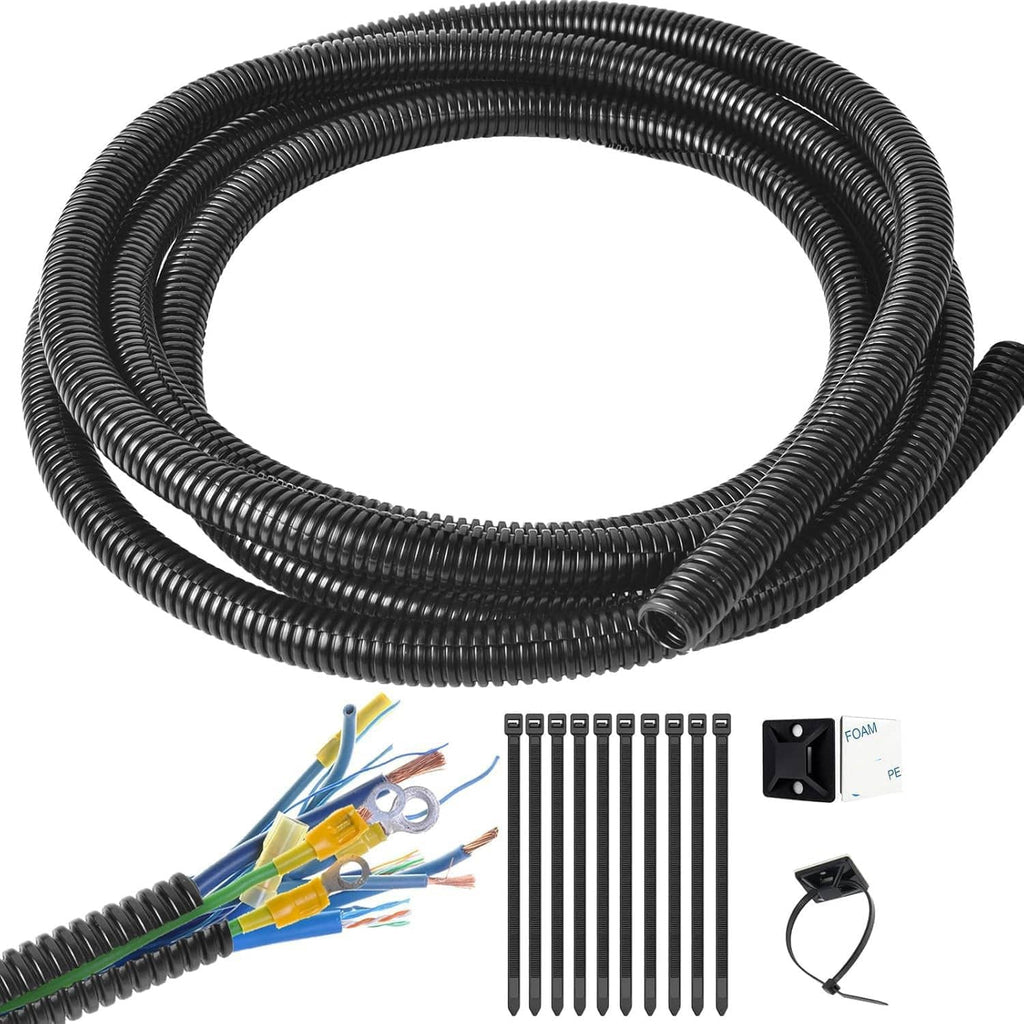 Coiled black split wire loom tubing, ribbed corrugated cable cover