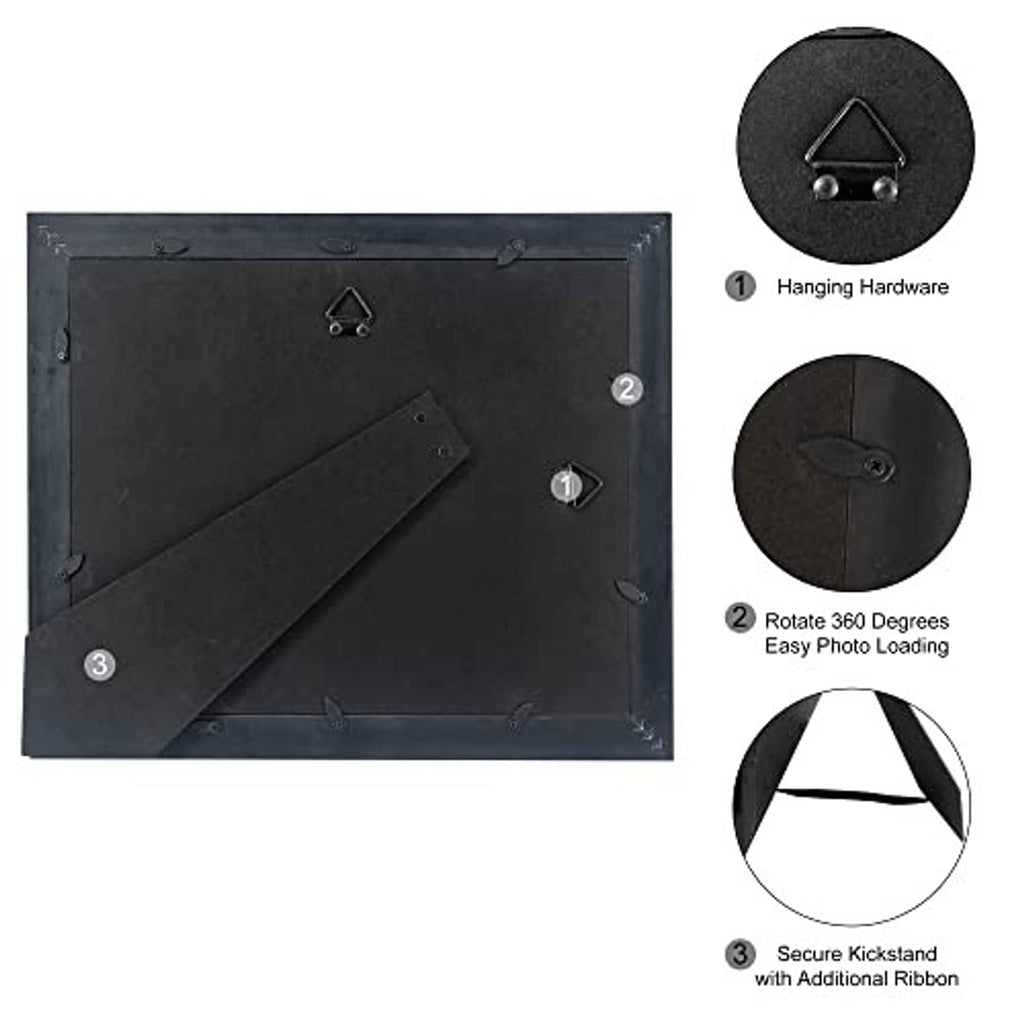 Frame back with hanging hardware, rotating 360-degree loading, and secure kickstand