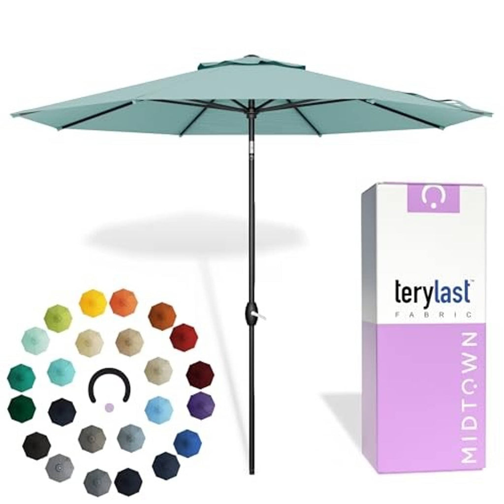 Teal patio umbrella with central pole and spread canopy, auto-tilt style