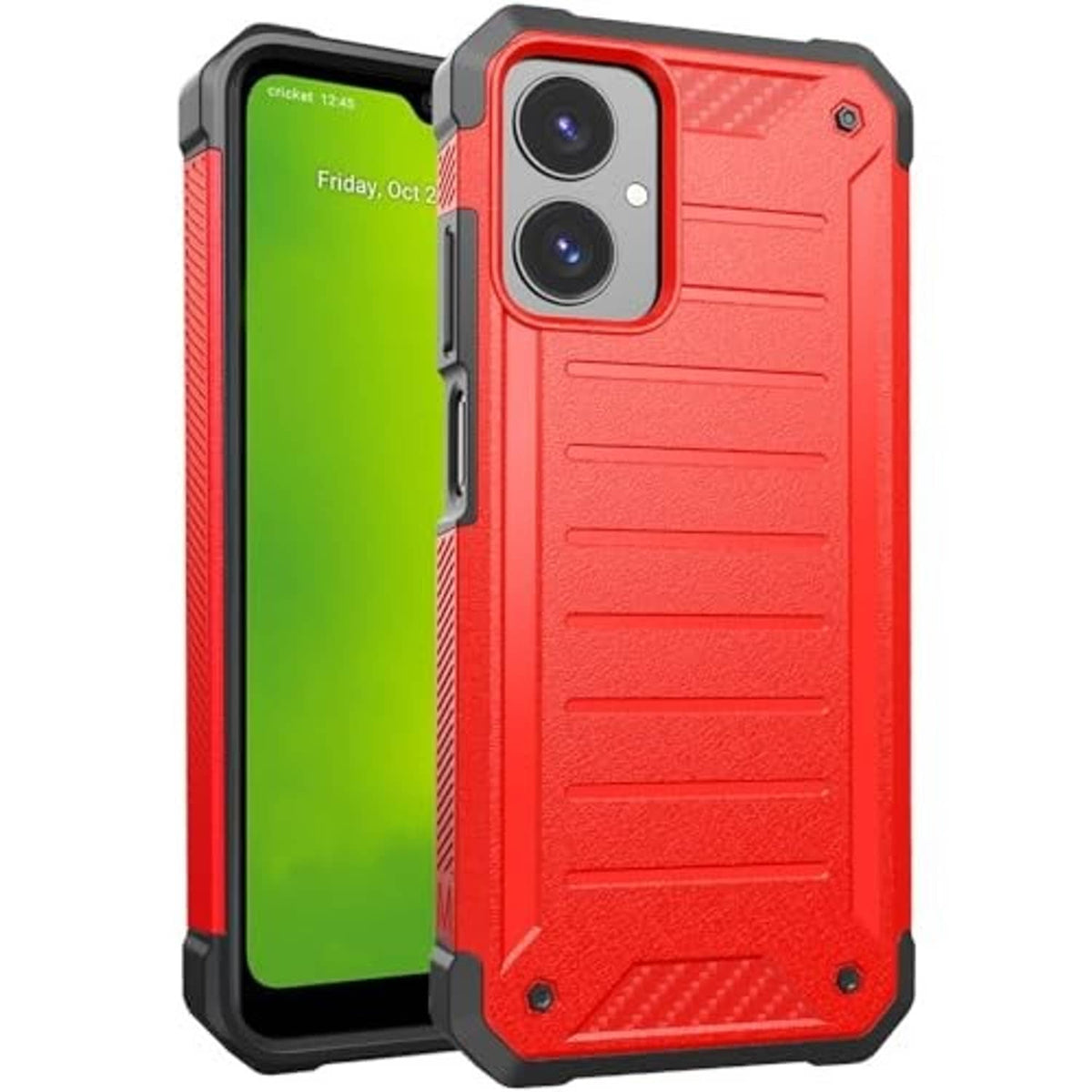 Red rugged phone case on phone with green screen, side bumper and camera cutouts