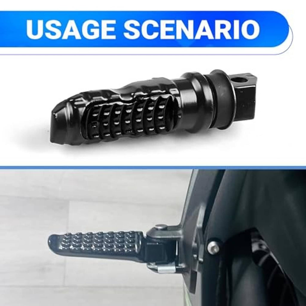 Black motorcycle footpeg pair, one shown installed on rear set bracket