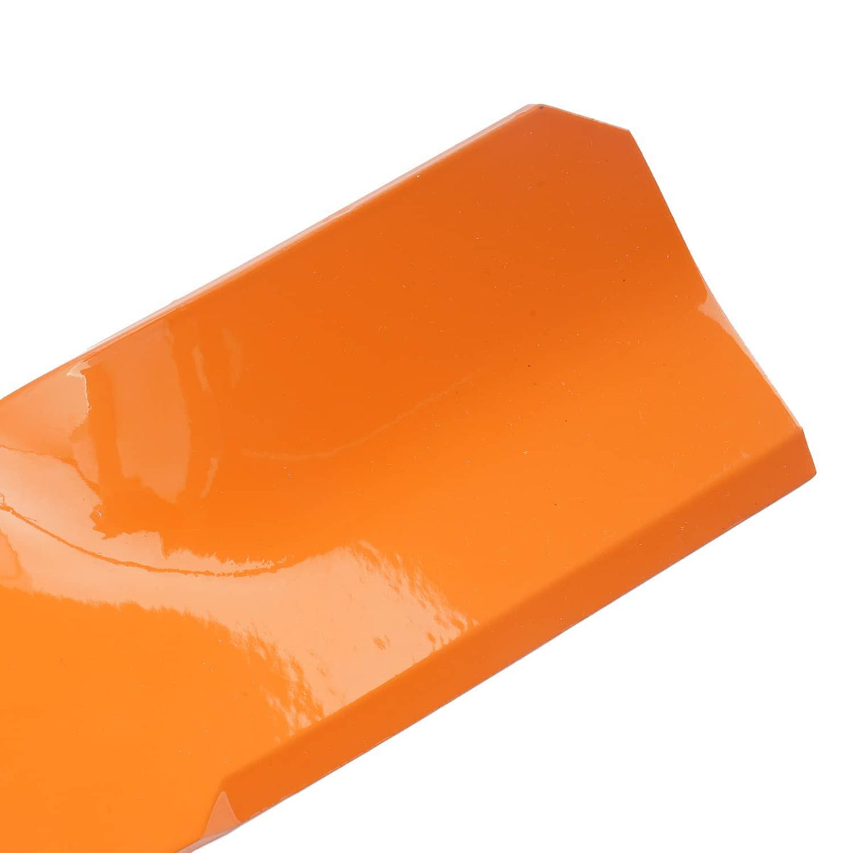 Orange mower deck blade end section with raised edge and molded contours