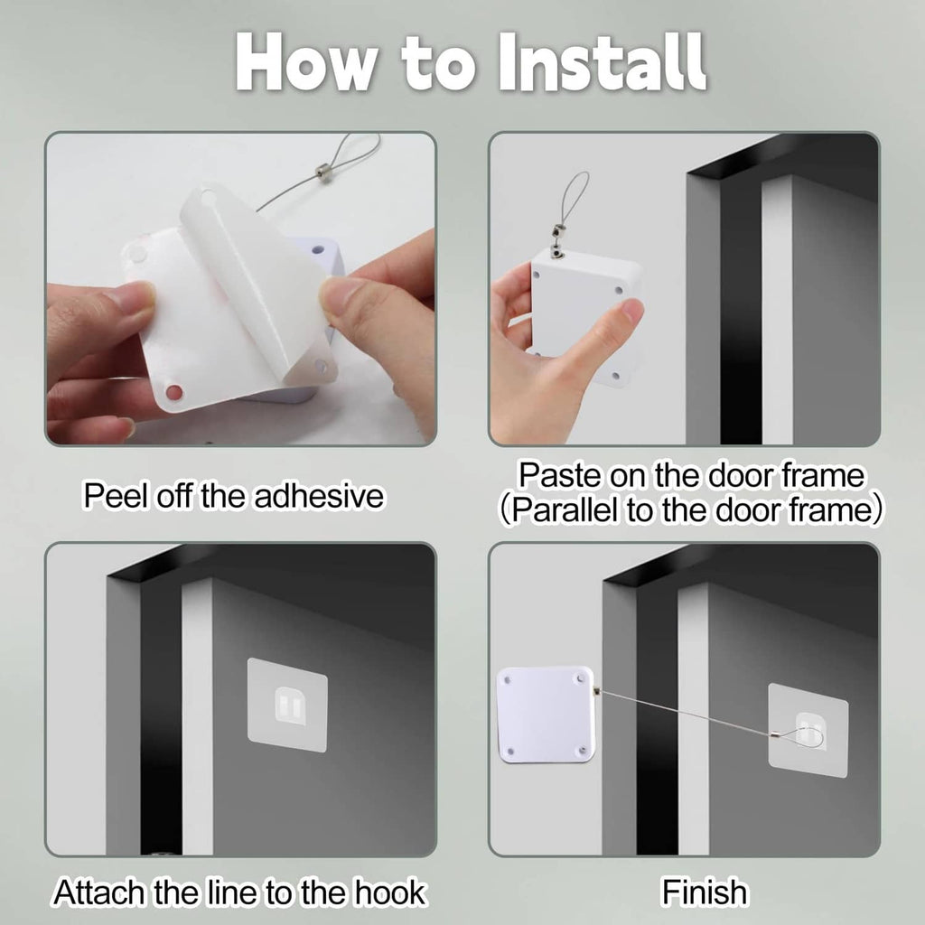 White door closer plate installation set with adhesive-backed mount and tether line