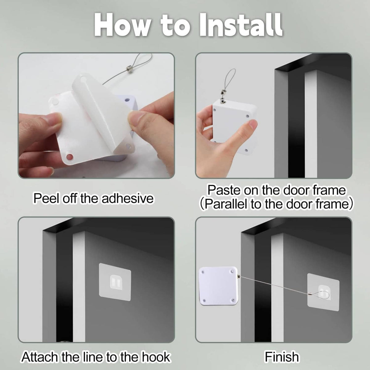 White door closer plate installation set with adhesive-backed mount and tether line