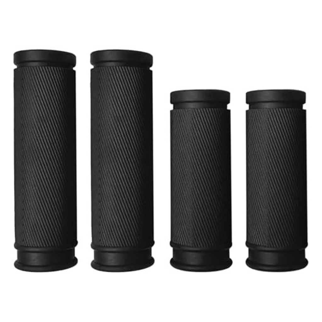 Four black ribbed bike handlebar grips with rounded end caps and textured grip pattern